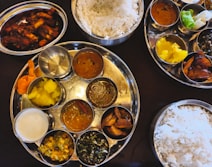 An Indian thali of rice served with an assortment of curries